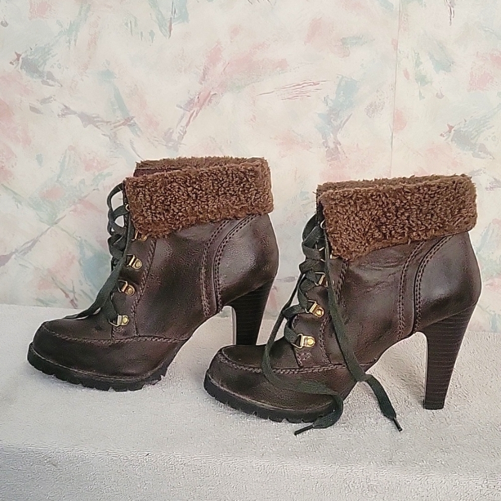FEEGALICIOUS Brown Lace Up AnkleHigh Heel Bootie